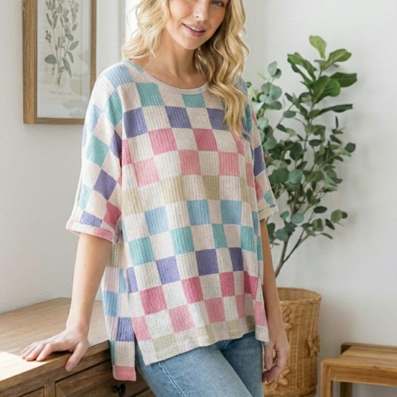Hopely Tops - Cozycore Hopely Pastel Checkerboard Waffle Knit Oversized Top Large Cottagecore